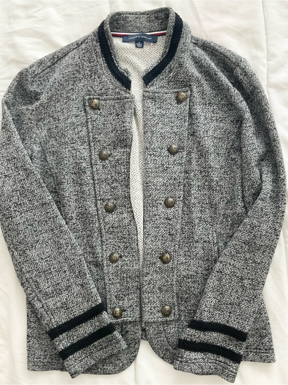 Tommy Hilfiger Gray Knit Military-Style Bomber Jacket with Black Trim